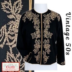Vintage 50s 60s Black Sweater Cardigan Lambswool Angora Beaded Rockabilly PinUp